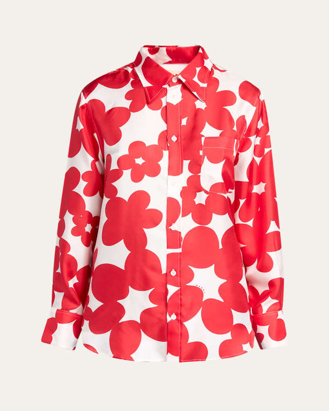 Flower Print Classic Button Down Silk Top